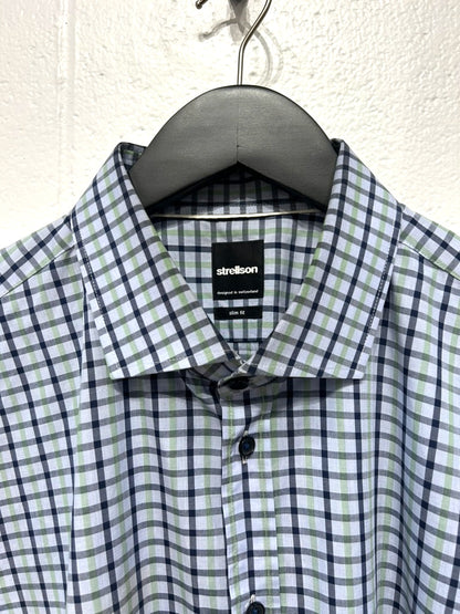 Men's XL 17 Cotton Shirt,  Long Sleeve, Button Up, Grey/Green/Black Window Check Strellson Slim Fit