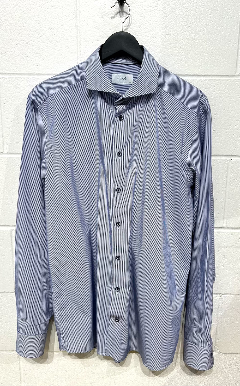 Men's XL 17-1/2 Cotton Shirt, Long Sleeve, Button Up, Blue/White Stripes, Slim Cut, Eton