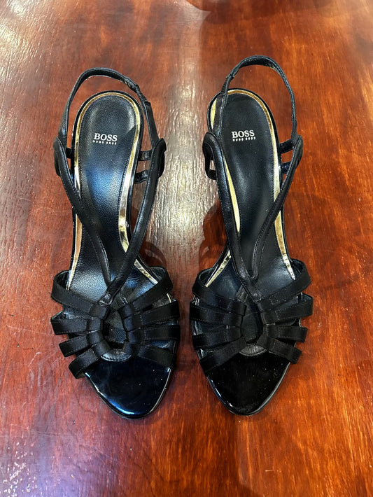 Women's Shoes - 37-1/2 EU (approx. 6.5-7 US), Hugo Boss Black Leather Stiletto Sandal Leather Sole Heels