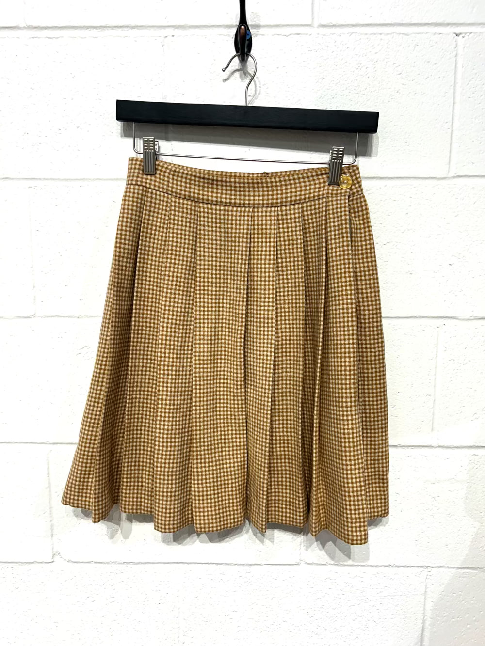 Women's S Vintage Skirt Mini Pleated Ochre and Cream Gingham Wool, Handmade