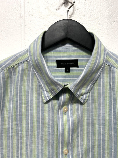 Men's L Linen Shirt,  Long Sleeve, Button Up, Green/Blue/White Stripe, W collection