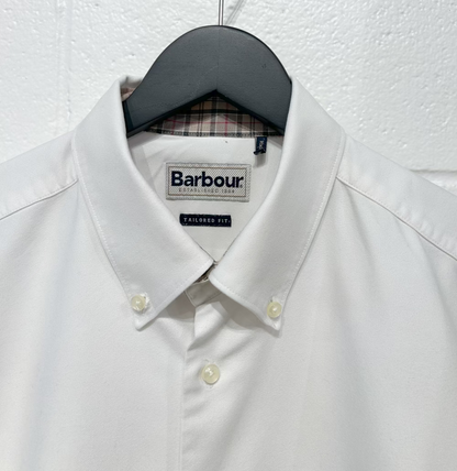 Men's M Shirt,  Long Sleeve, Button Up, White Cotton with Plaid Inserts, Tailored Fit, Barbour