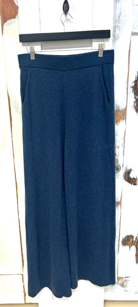 Women's L Wool-Cashmere Knit Wide Leg Pants, Soft Navy, Pockets, Massimo Dutti