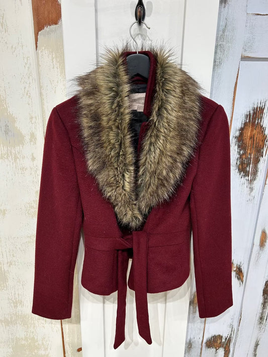 Women's S Jacket Belted Coat Wool Blend  w Faux Fur Trim - Cranberry, Forever 21