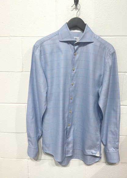 Men's M 15-1/2 Cotton Shirt, Long Sleeve, Button-up, Blue/White/Red Microcheck, Fitted, Stenstroms