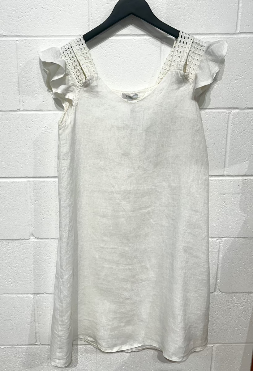 Women's Dress M, 100% Linen, Cream with Eyelet Sleeve Straps, Rosemarine