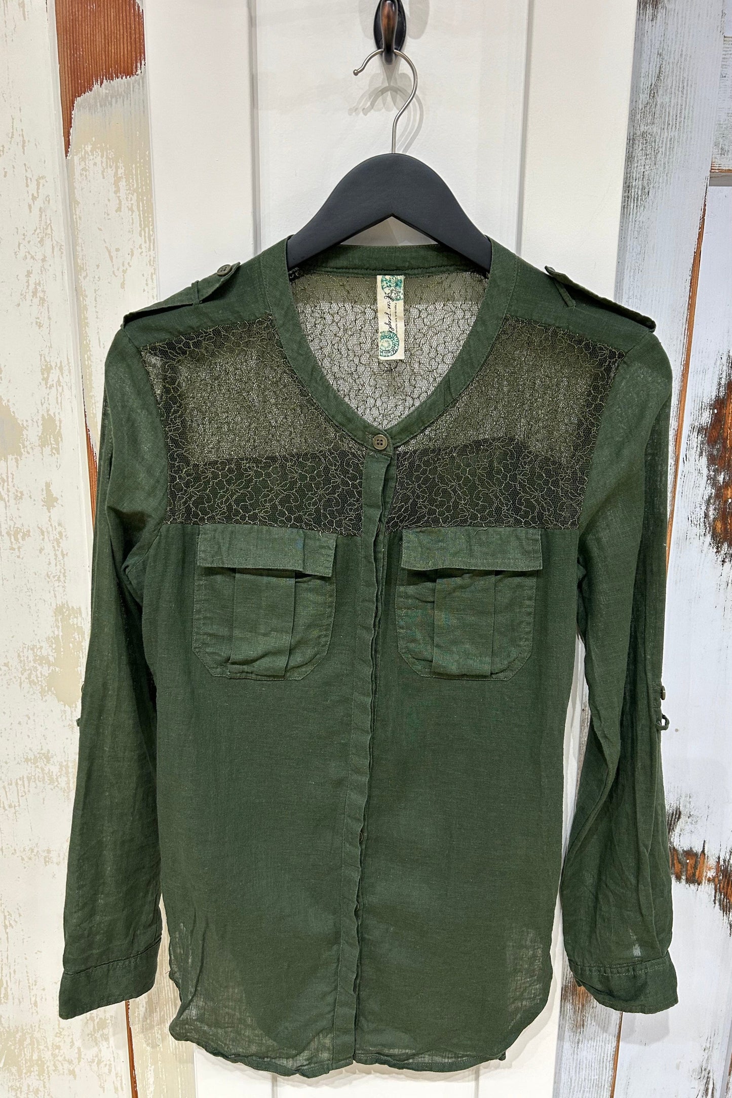 Women's M Top Blouse, Sheer, Long Sleeve, Pockets - Olive, Free People