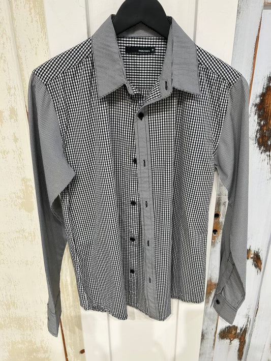 Women's Cotton M Top, Button up Shirt Long Sleeve - B/W Checks, Double Shock