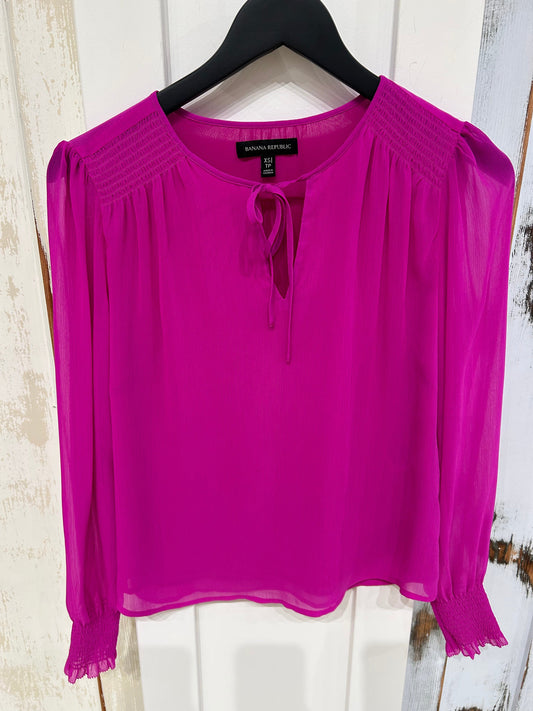 Women's XS Top Blouse, Shirred with Tie, Long Sleeve - Hot Pink, Banana Republic