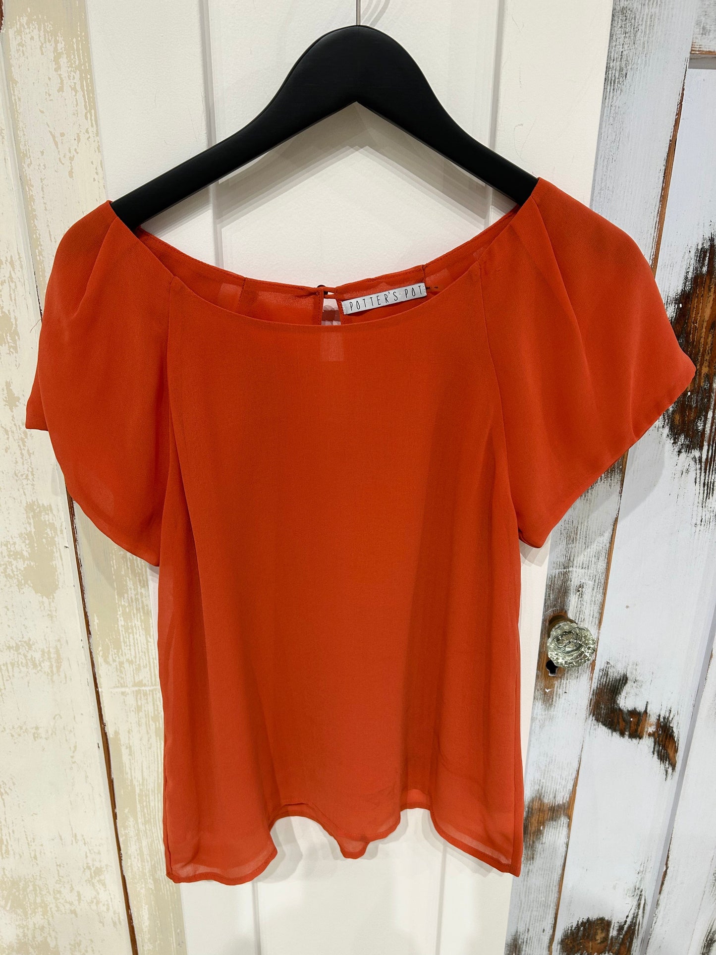 Women's M Top Blouse, Pleats, Short Sleeve Light Crepe - Paprika, Potter's Pot