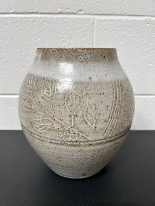 Local Pickup Only - Ceramic Vase, Handmade by Mavis, Oatmeal Beige with Incisions and Glazes