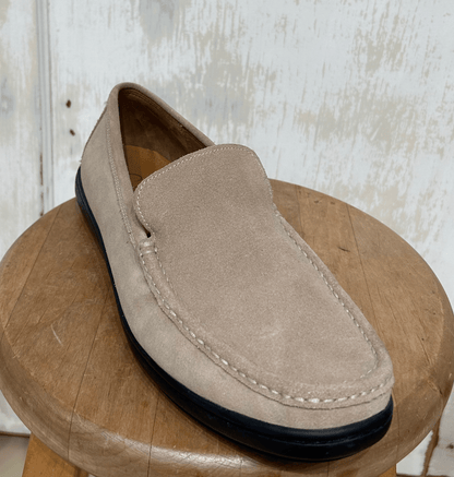 Men's Shoes - US 11 M, Cole Haan Beige Suede Loafer "Cluny Cup Moccasin Venetian II" Slip On