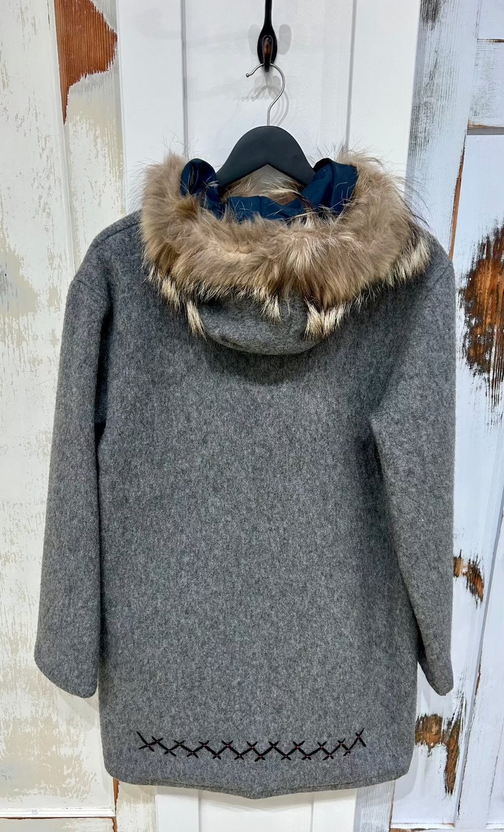 Women's M Vintage Parka Coat Wool w Real Fur Trim and Embroidery - Grey, Yukon Parka