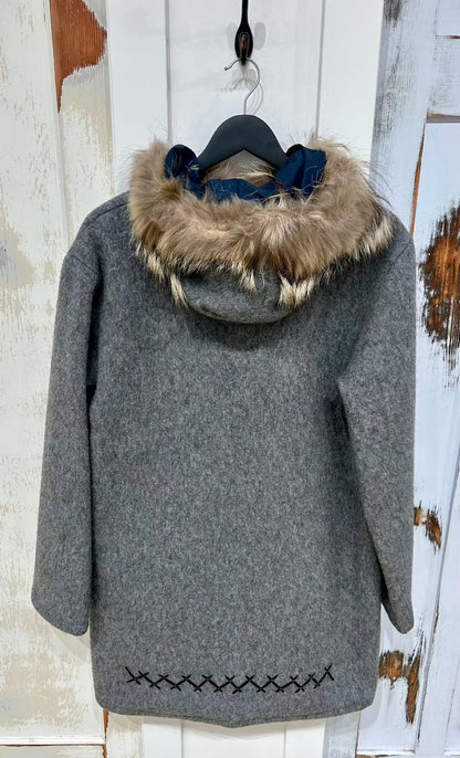 Women's M Vintage Parka Coat Wool w Real Fur Trim and Embroidery - Grey, Yukon Parka