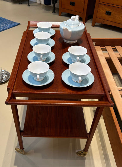 Local Pickup Only - Vintage Teak Tea Tray Cart, "Soborg Mobler" Removable Tray, Brass and Plastic Wheels, MCM style Midcentry Modern