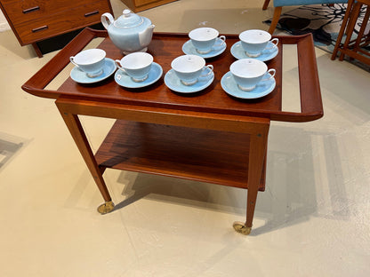 Local Pickup Only - Vintage Teak Tea Tray Cart, "Soborg Mobler" Removable Tray, Brass and Plastic Wheels, MCM style Midcentry Modern