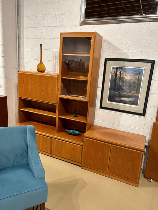 Local Pickup Only - Vintage Teak Tall Cabinets w Lit Mirrored Bar, 1 Glass Door Cabinet and Low 2-Door Base; Small 2-door cabinet - Entertainment Centre MCM style Midcentry Modern