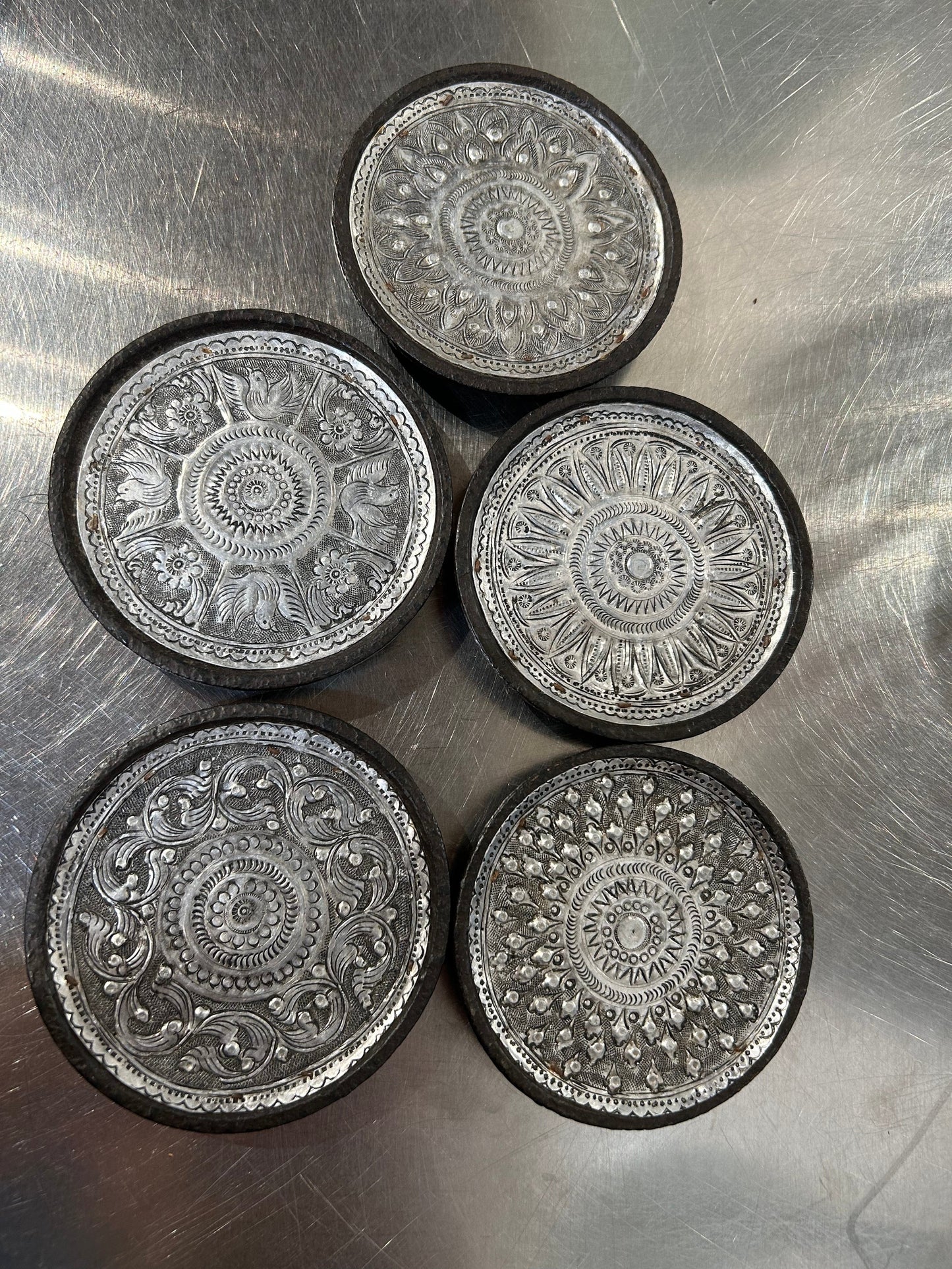 Local Pickup Only - Set of 5 Silvertone Coasters with dark metal bases