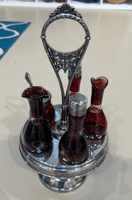 Local Pickup Only - Cranberry Glass and Silver Set - Vintage Victorian Meridien Cruet