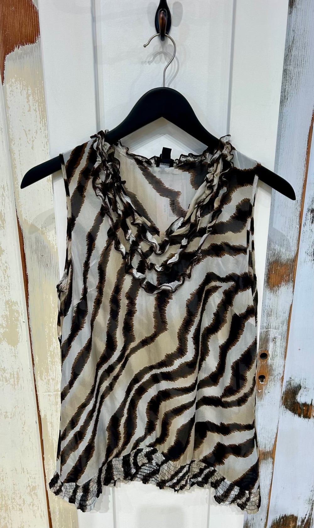 Women's L 100% Silk Top Blouse, Sleeveless, Ruffle Collar, Chiffon - Animal Print, Esprit Collection