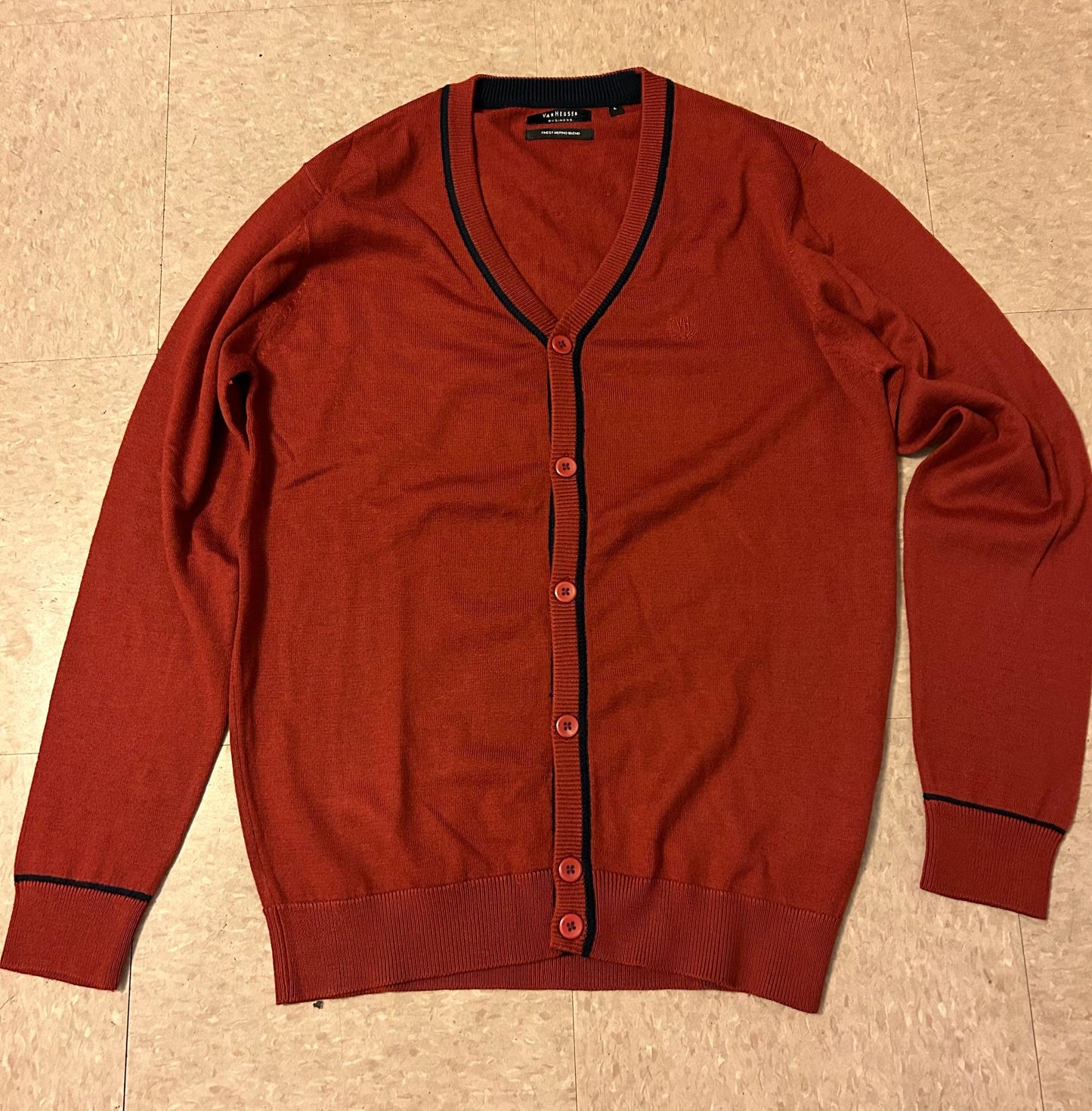 Men's Sweater L Van Heusen Merino Cardigan Rust