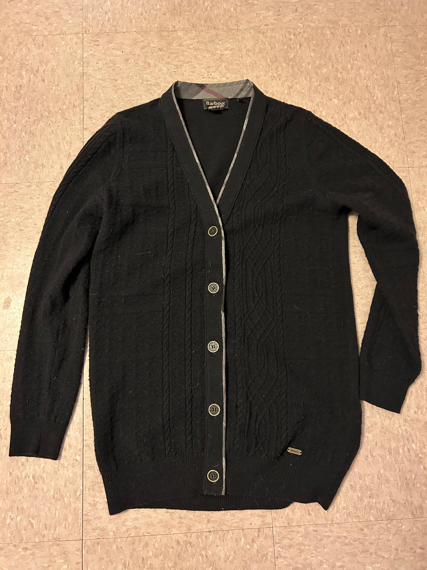 Women's Sweater 14 S Barbour Winter Tartan Lambswool Cardigan Black with Plaid