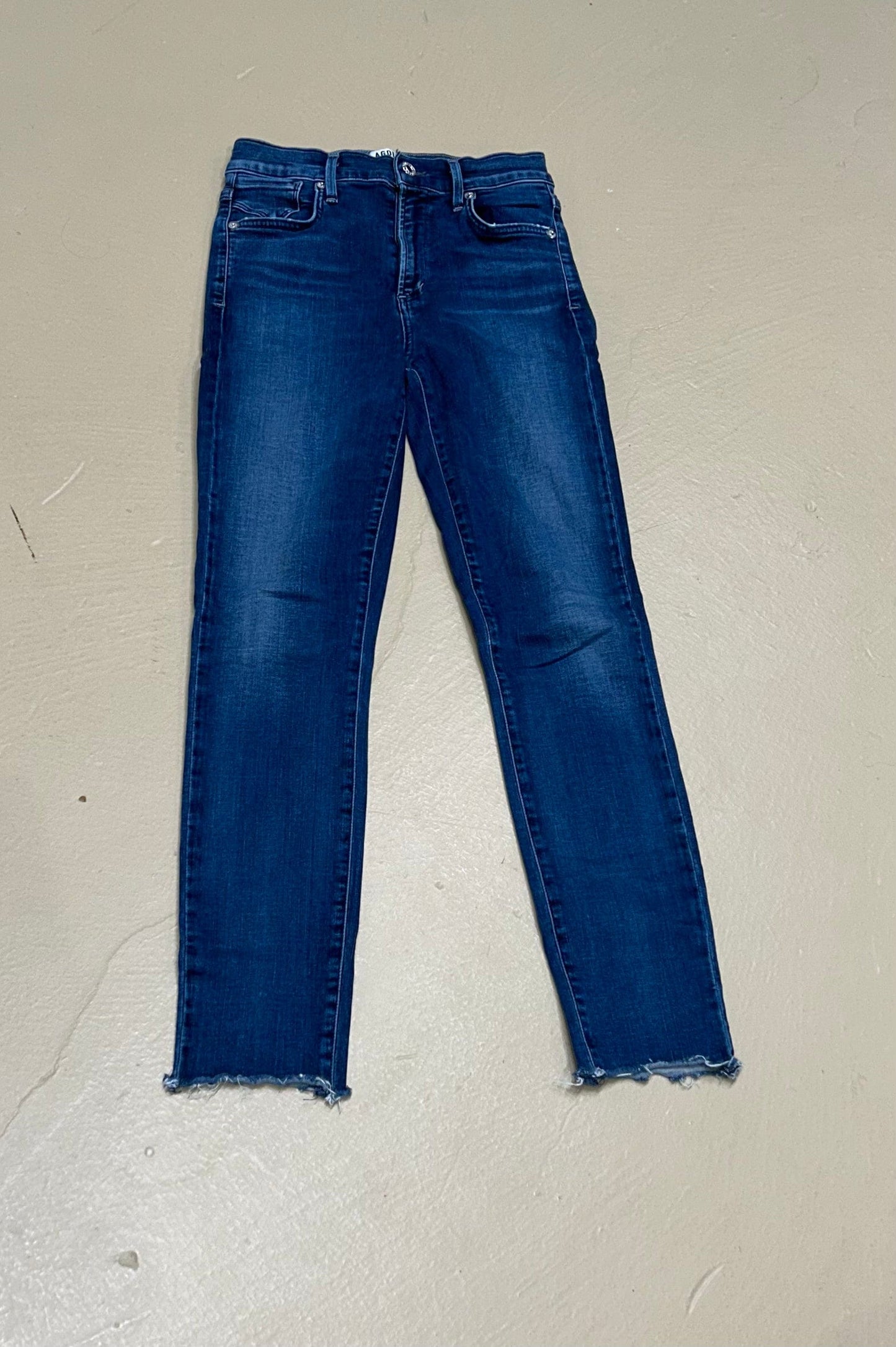 Women's Jeans 25, High Rise Skinny Crop Mild Distressing, No Holes, Frayed Hem - Mid Blue Denim, Agolde