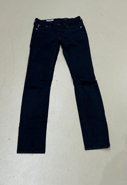 Women's Jeans 24, The Stilt Cigarette Leg, Skinny, Holes at Knee - Faded Black Denim, Adriano Goldschmied AG Jeans