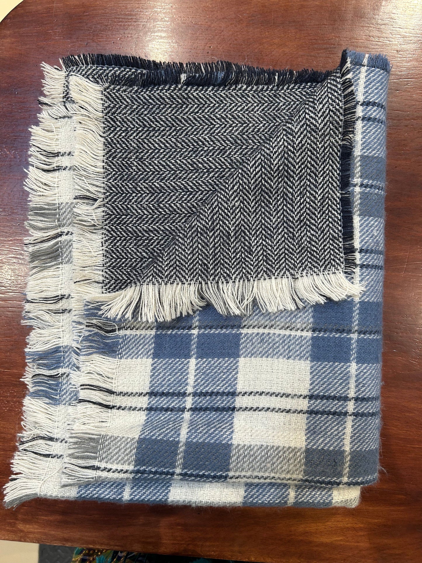 Wool Blend Blue and Cream Scarf, double sided pattern, no tags