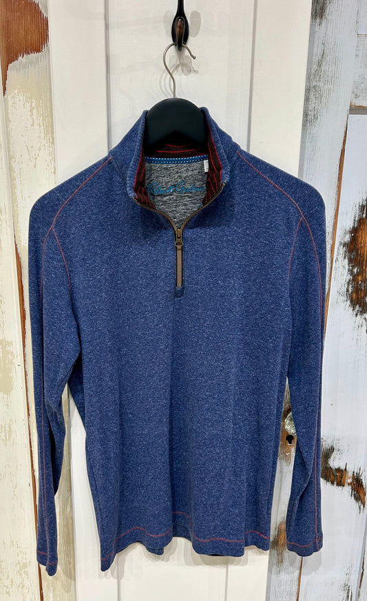 Men's S Top Fleece Half Zip Mock Neck,  Long Sleeve - Blue w Red stitching, Robert Graham