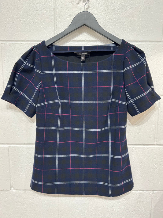 Women's XS Top Blouse, Short Puff Sleeves, Plaid - Navy, Banana Republic