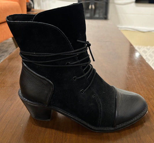 Women's Shoes - 7.5 US, Kelsi Dagger Brooklyn, Black Leather Suede Heel Ankle Boot, Lacing Wrapped, Rubber Sole