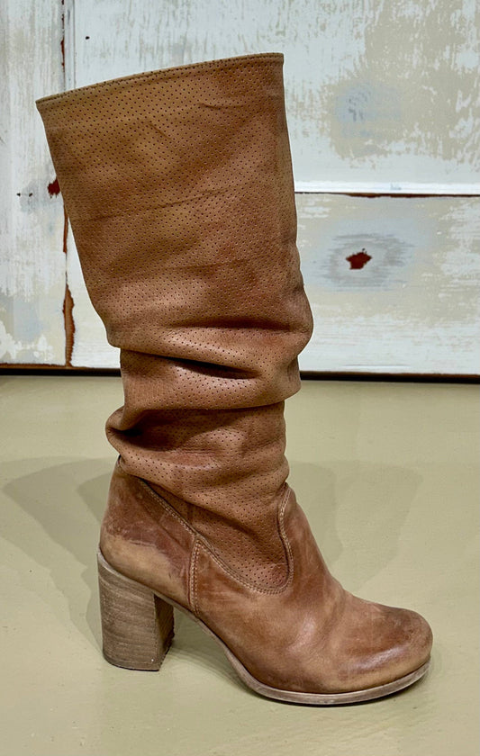 Women's Shoes - 36 EU/ 5.5 US, Vera Gomma, Western Perforated Slouch Boots w Heel, Caramel Leather Mid-calf Boot, Rubber Sole