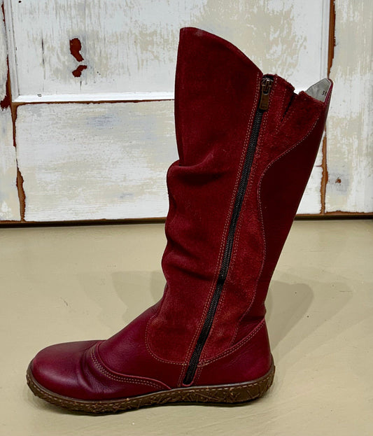 Women's Shoes - 38 EU/ 7.5 US, El Naturalista,  Wine Leather and Suede Mid-calf Flat Zip Boot, Rubber Sole