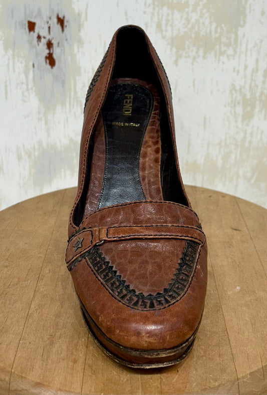 Women's Shoes - 40 EU (approx. 9.5. US), Fendi "Shies" Brown Leather Platform Moccasin Heels, Leather Sole