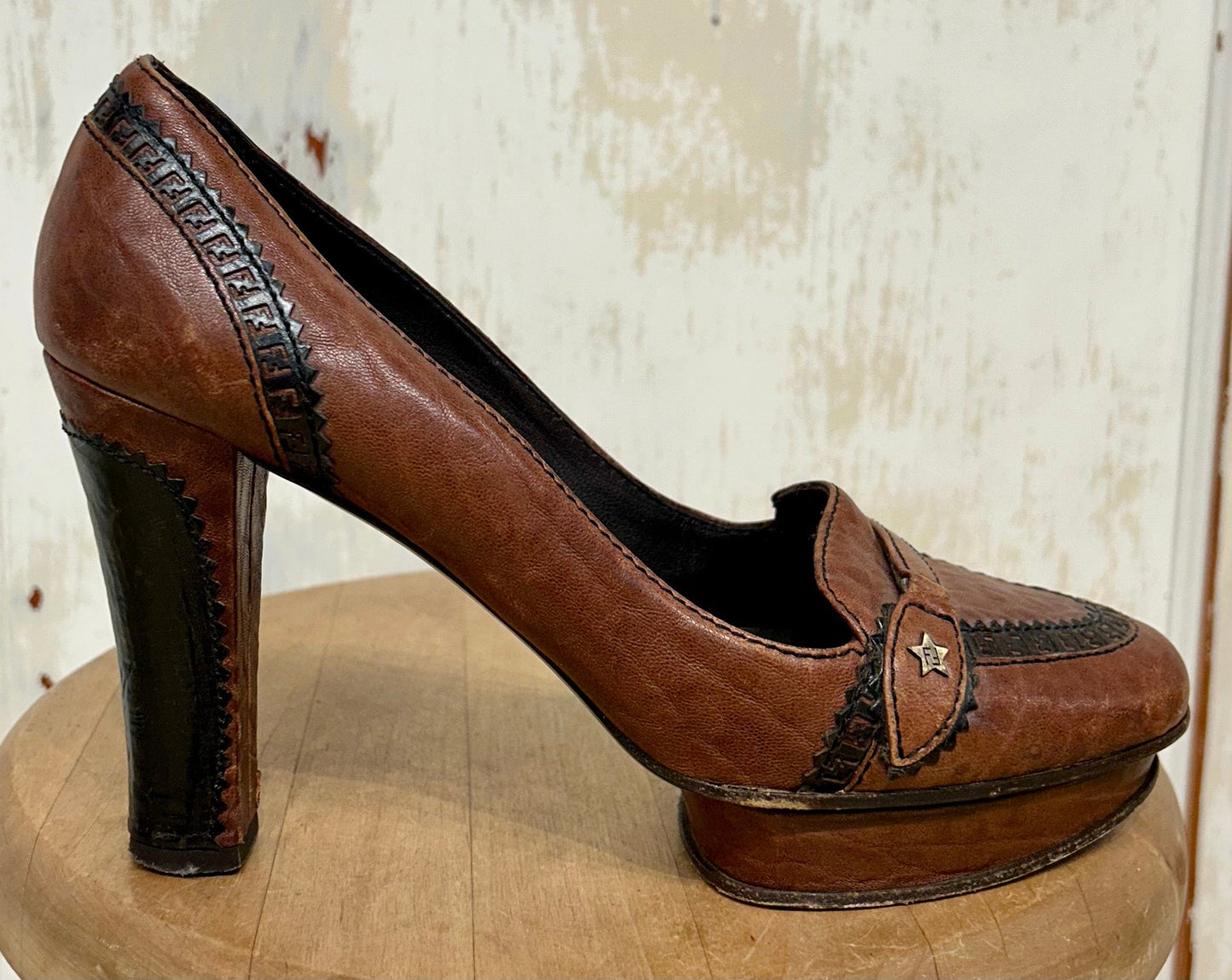 Women's Shoes - 40 EU (approx. 9.5. US), Fendi "Shies" Brown Leather Platform Moccasin Heels, Leather Sole