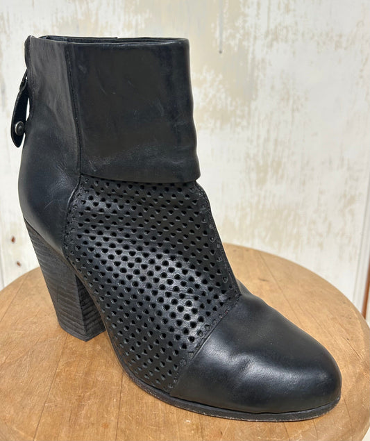 Women's Shoes - 36 EUS 6 US, Rag & Bone, Black Perforated Leather Stacked Heel Ankle Boot, Leather Sole, Rear Zip