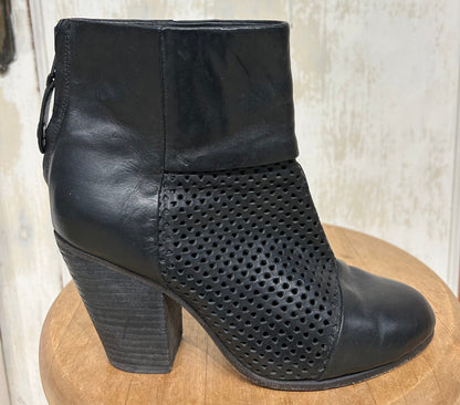 Women's Shoes - 36 EUS 6 US, Rag & Bone, Black Perforated Leather Stacked Heel Ankle Boot, Leather Sole, Rear Zip