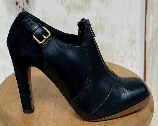 Women's Shoes - 7.5 B US, Derek Lam, Black Leather and Suede Heels, Booties, Shorties, Vamp Zip, Side Buckle, Leather Soles