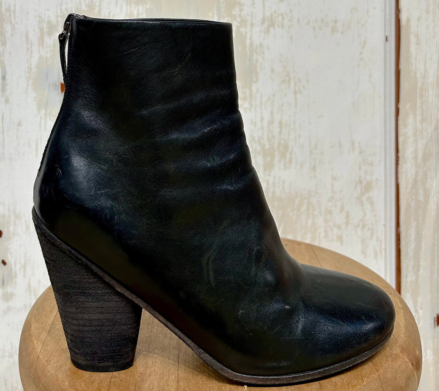 Women's Shoes - 39.5 EU (approx. 9 US), Marsèll, Black Leather Side-Zip Ankle Boots, Round Toe, Stacked Heel, Leather Sole