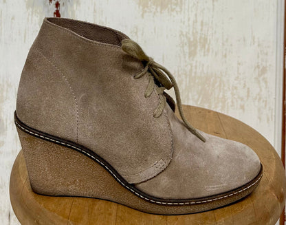 Women's Shoes - 7 US, J Crew, "MacAlister" Beige Suede Leather Lace-up Ankle Boots, Crepe Wedge Heel