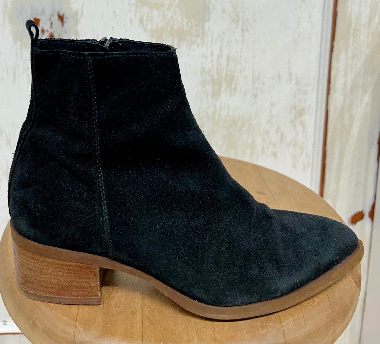 Women's Shoes - 36 EU/ 5.5 US, Ateliers, Black Suede Leather Ankle Boot Stacked Heel, Side Zip Western Pointy Toe