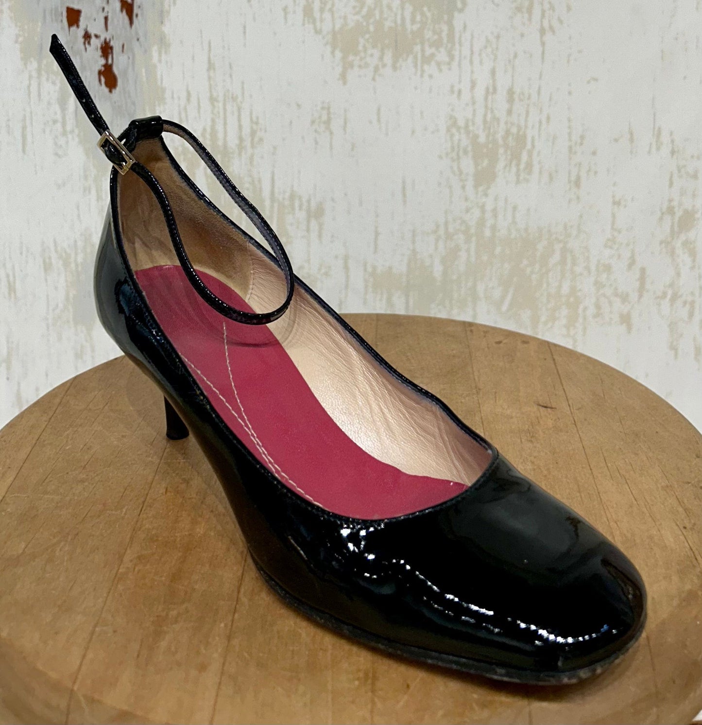 Women's Shoes - 7.5 B US, Kate Spade Black Patent Leather Heels, Leather Sole, Ankle Strap