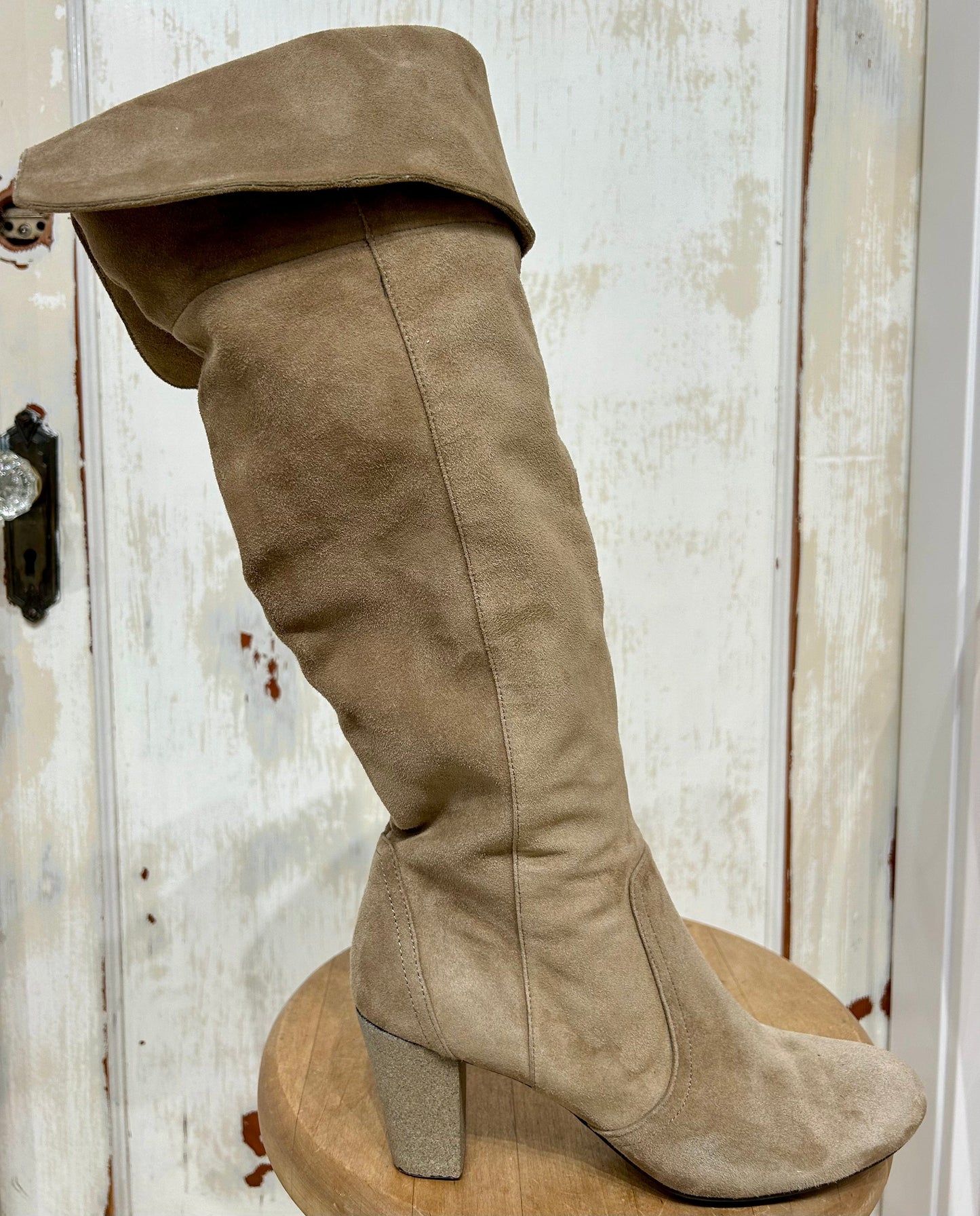 Women's Shoes - 6 US, Bandolino Beige Suede Leather Tall Pirate Slouch Boot, Folded Top, Round Toe