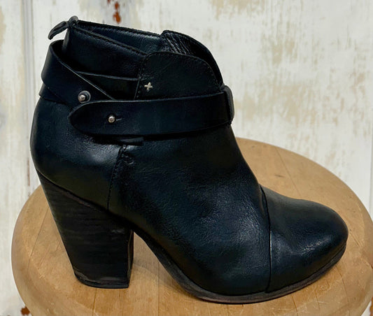 Women's Shoes - 36.5 EUS (approx. 6 US), Rag & Bone, Black Leather, Stacked Heel Ankle Boot, Leather Sole, Buckle Ankle Wrap