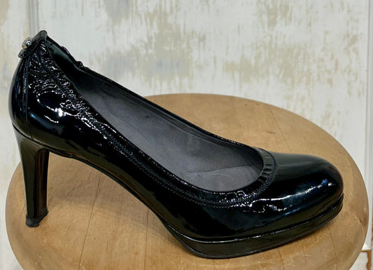 Women's Shoes - no size tag, approx. 6.5 N US, Stewart Weizmann, "AGL" Black Patent Leather Almond Toe Platform Heels