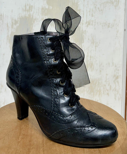 Women's Shoes - 7.5 US, Hush Puppies, Black Leather, Brogue Wingtip Ankle Boot Stacked Heel, Side Zip and Ribbon Lacing