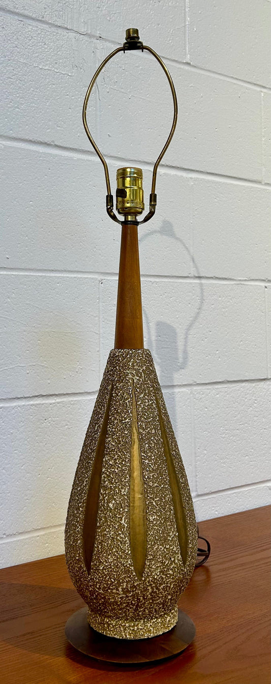 Local Pickup Only - MCM Ceramic Lamp Base Textured Old Gold Pinwheel, Wooden Base, No Shade, Occasional Side Lamp Midcentury Modern