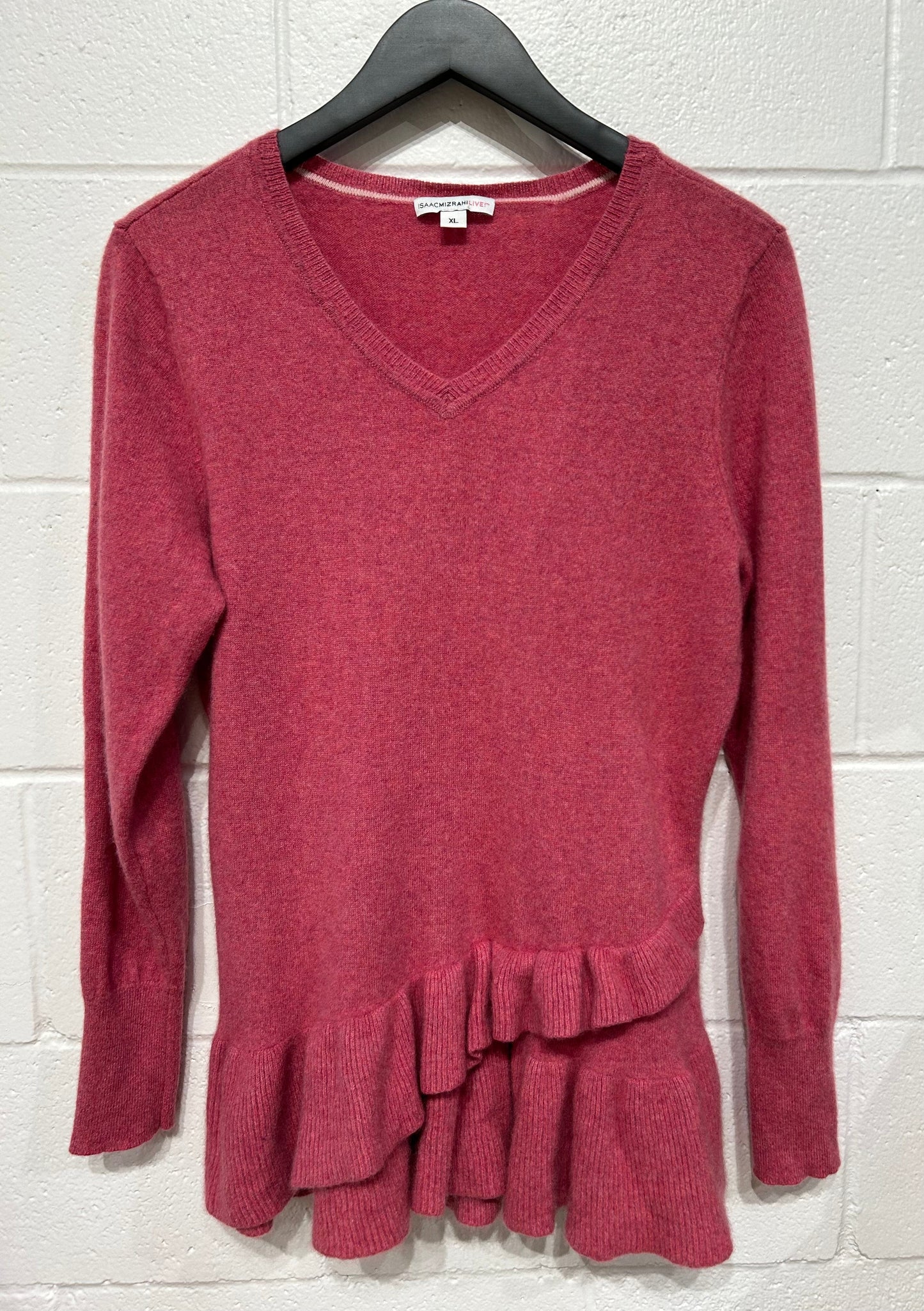 Women's XL 100% Cashmere Sweater, Ruffle, Rose Pink, Isaac Mizrahi Live