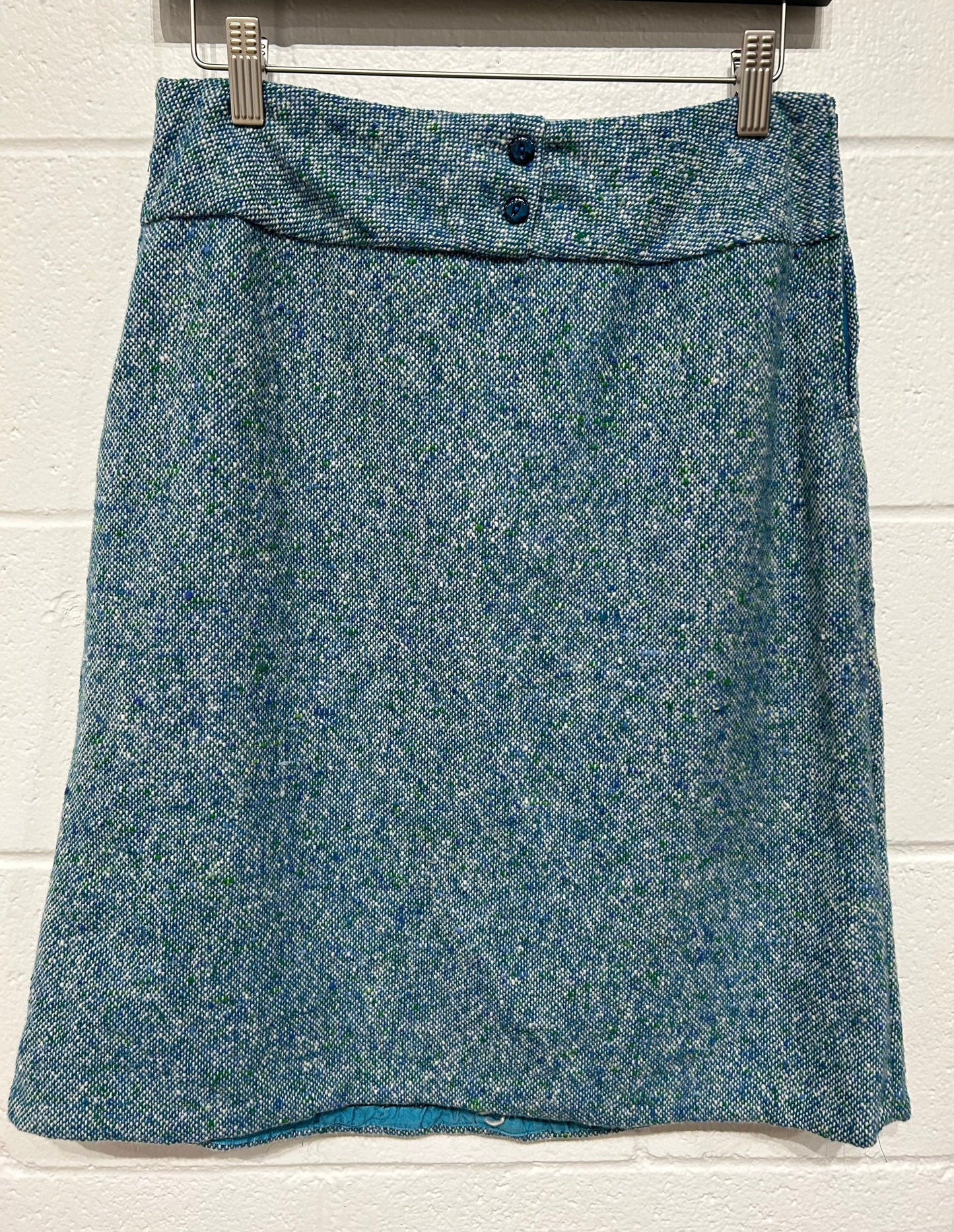 Vintage Women's Skirt M 100% Wool Blue/Green Tweed